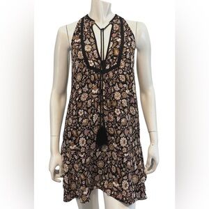 A.L.C. Black Floral Silk Mini Dress Sleeveless V-Neck Tassel Sz 2